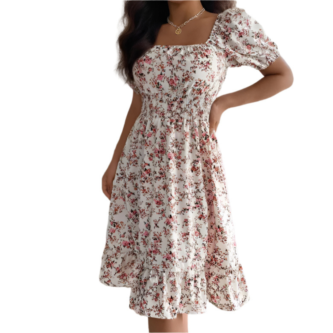 Floral Square Neck Puff Sleeve Smocked Midi Dress
