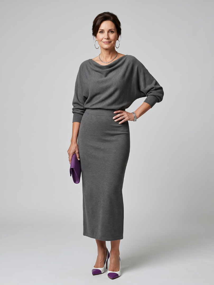 Cowl Neck Long Sleeve Fitted Knit Midi Dress 2