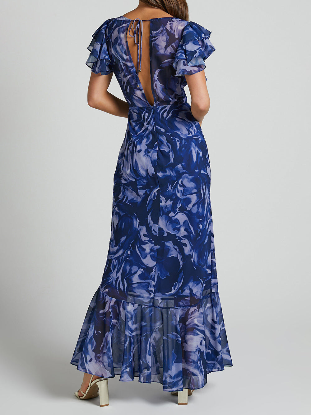 V Neck Flutter Sleeve Maxi Dress In Navy Swirl - Fashionpara