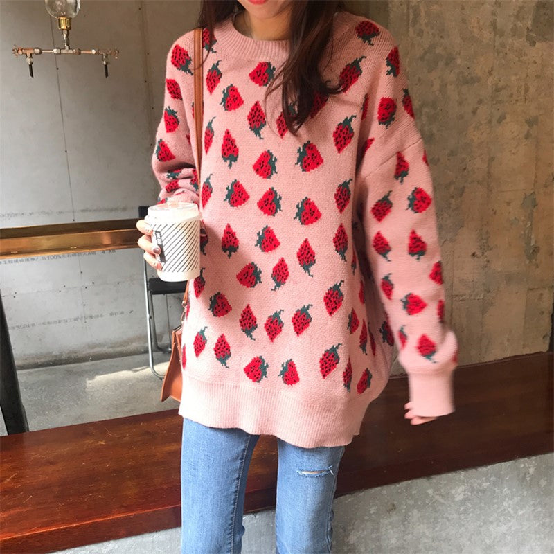 KittenAlarm - Loose Strawberries Pattern Sweet Sweater