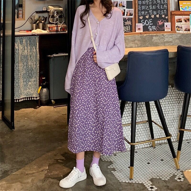 Flowers Pattern A-Line Chiffon Purple Skirts - Fashionpara