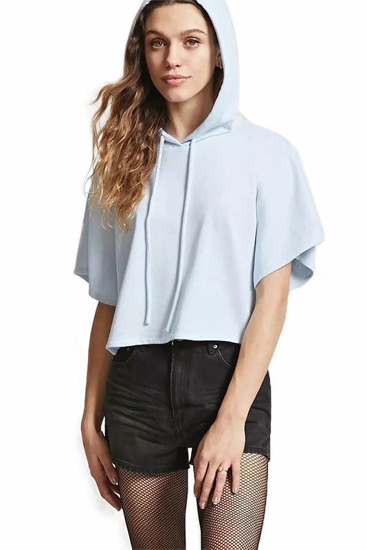 Solid Drawstring Hooded Sweatshirt With Short Sleeves - Mislish
