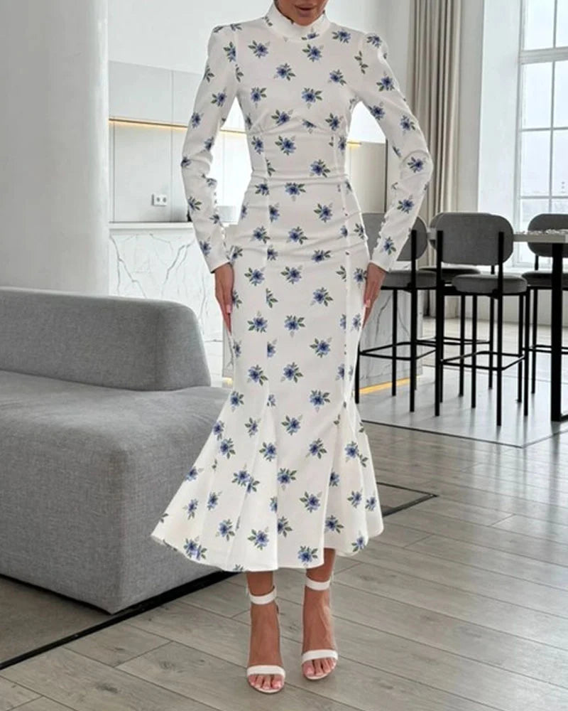 Elegant Half-Collar Floral Print Dress - Fashionpara