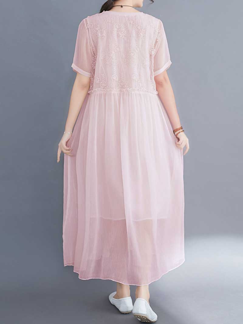 Embroidered Silk Round-Neck A-Line Dress - Fashionpara