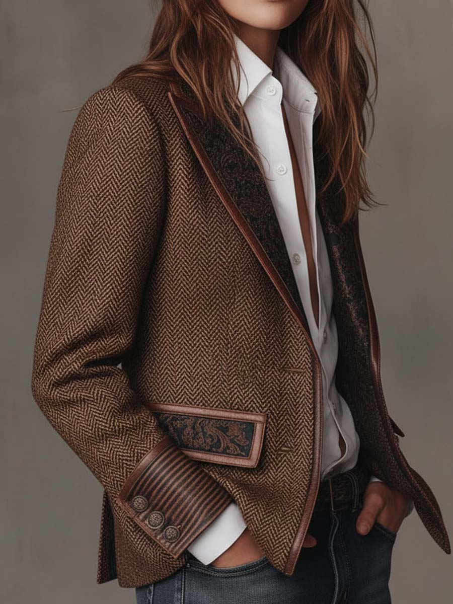 Herringbone Tweed Paisley Panel Faux Leather Trim Blazer 9