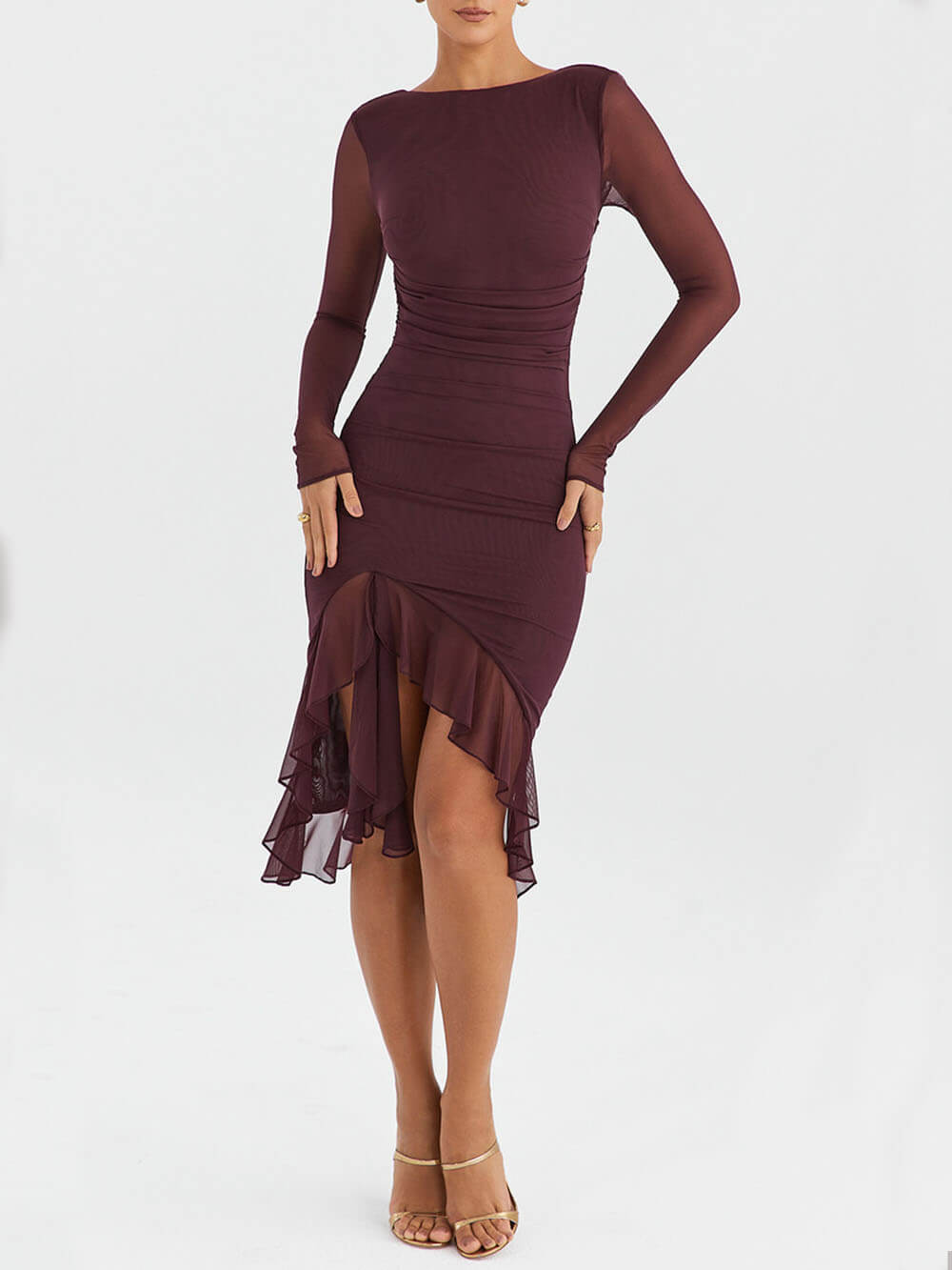 Wine Ruffle Midi Dress - Fashionpara