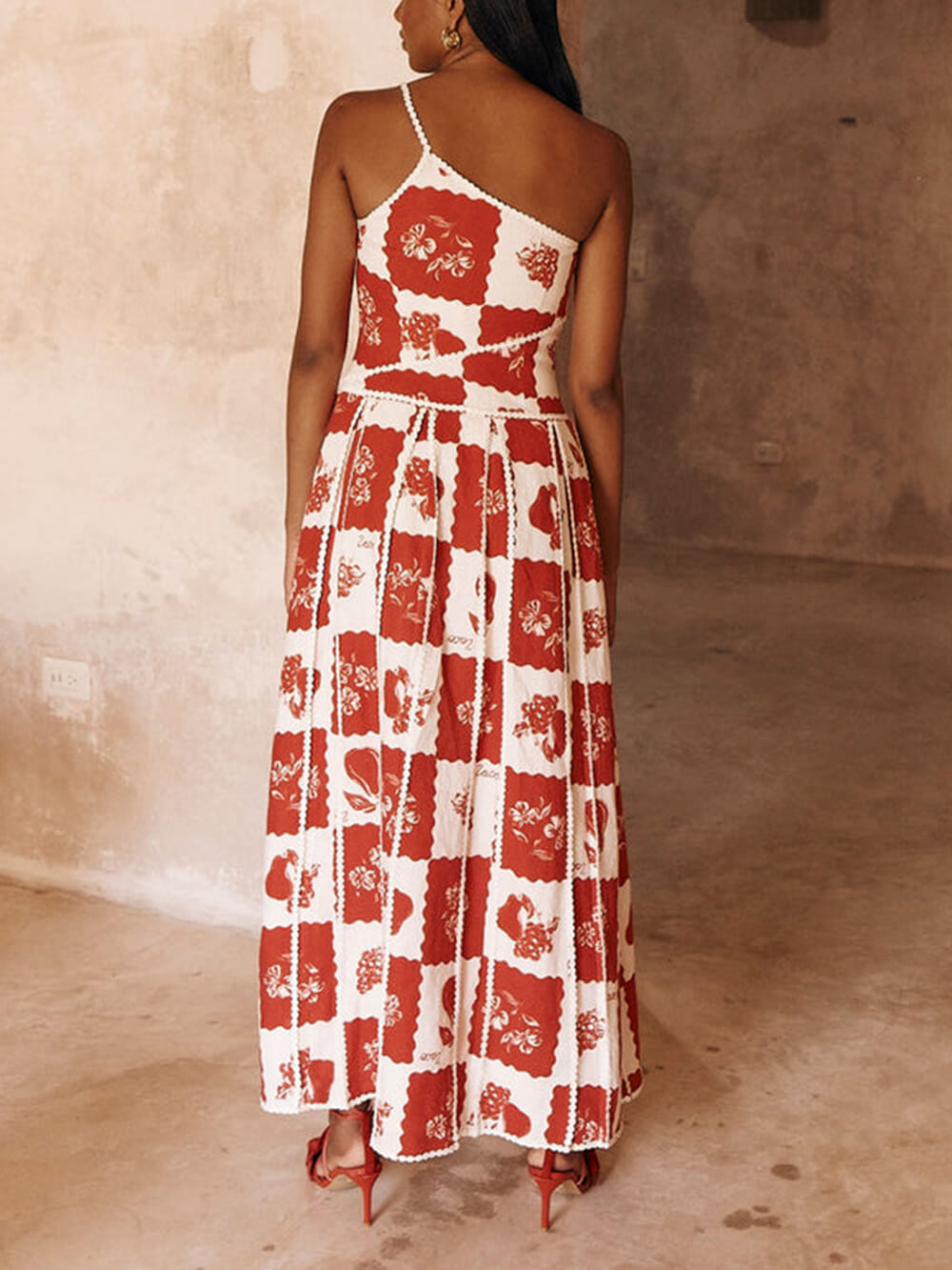 Floral Trim Unique Printed One Shoulder Flared Maxi Dress - Fashionpara