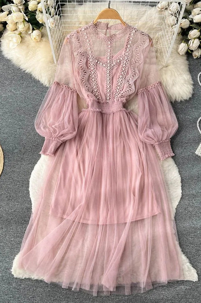 Romantic Lace Beading Party Dress Elegant Lantern Sleeve Gothic Long Dress Two Piece Set