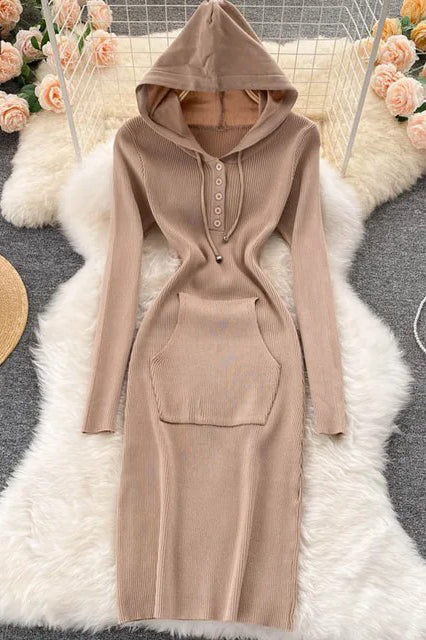Orro Shop Hooded Buttoned Bodycon Knitted Sweater Dress