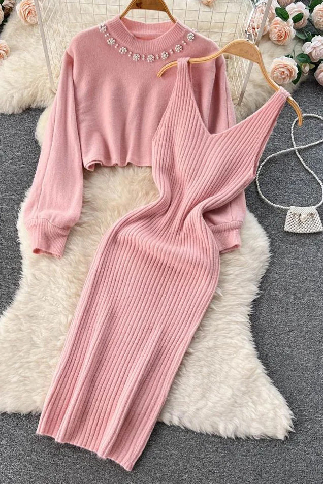 Elegant Pearl Knitted Sweater and Strap Dress Two Piece Set