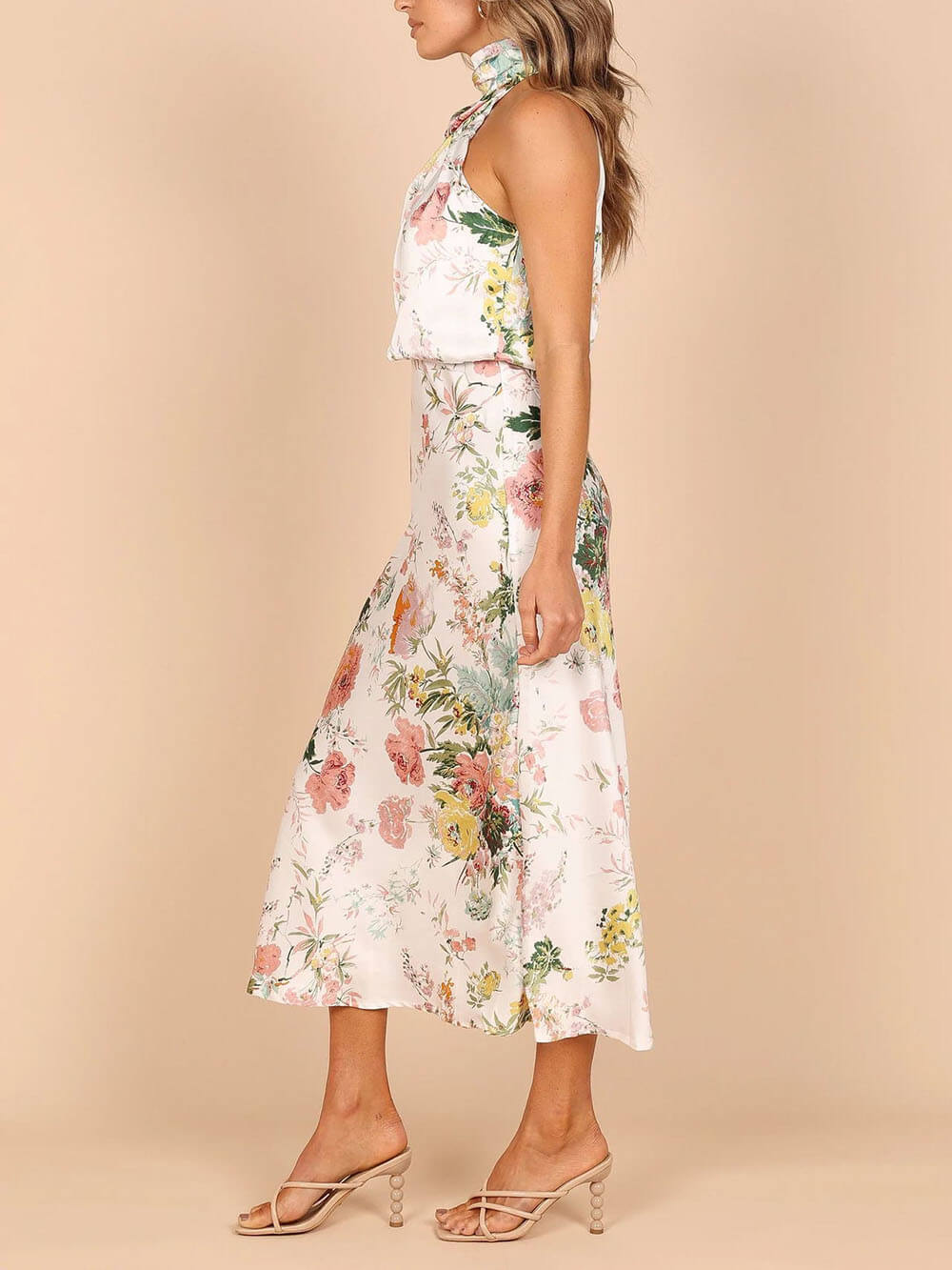 Floral Halter Neck Elastic Waist Maxi Dress - Fashionpara