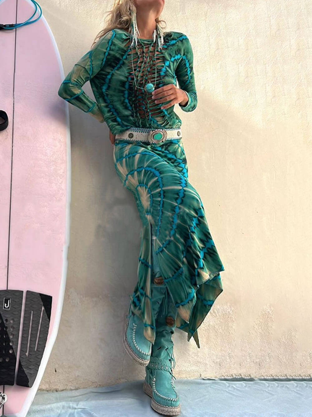 Tie-Dye Print High Rise Stretch Slit Skirt - Fashionpara