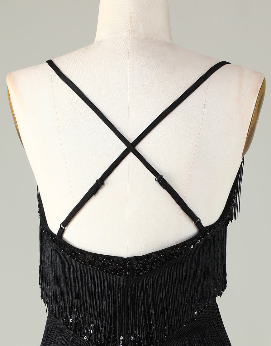 Gorgeous Black V-Neck Tight Tassel Homecoming Dress - Fashionpara