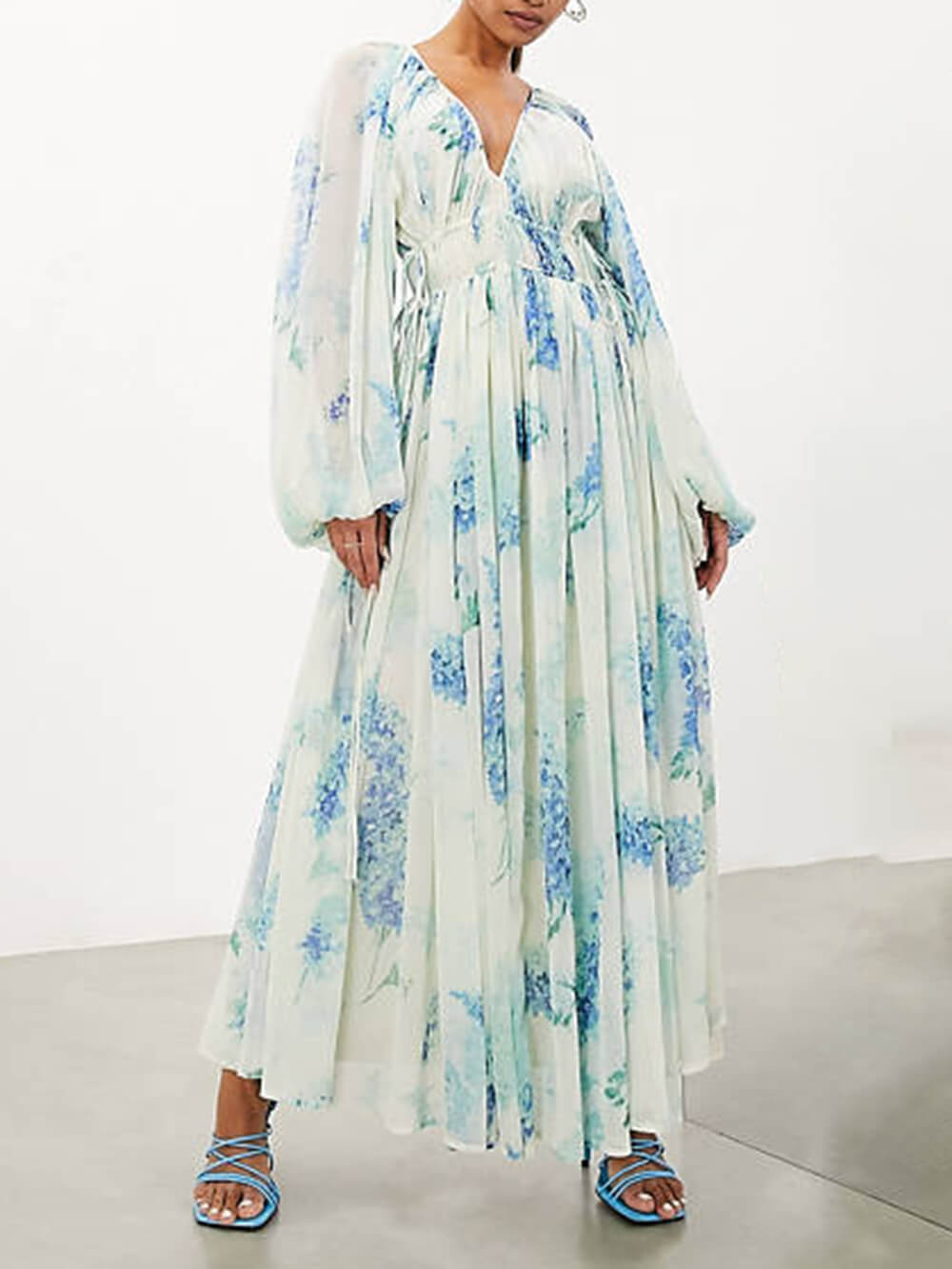 Ocean Flower Chiffon Floral Drawstring Waist Maxi Dress - Fashionpara