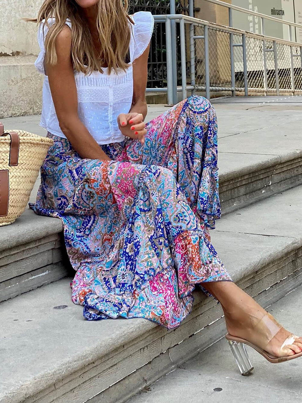 Bohemian Print Elastic Waist Tassel Maxi Skirt - Fashionpara