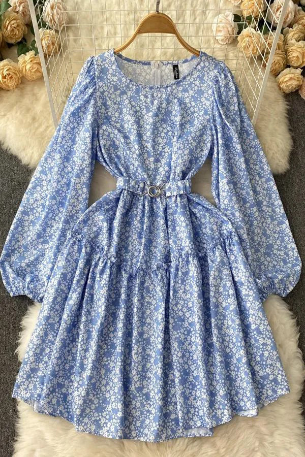 Elegant Lantern Sleeve Print Floral Casual A-line With Belt