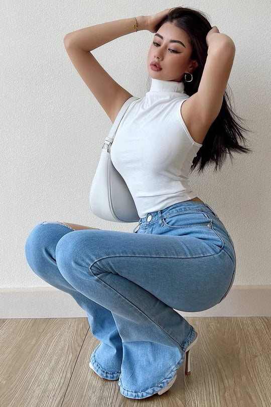 Retro Slim Fit High Waist Horseshoe Pants Jeans