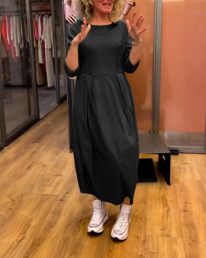 Boat Neck Three Quarter Sleeve Pleated Cocoon Midi Dress - View 4