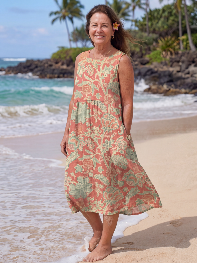 Jacobean Floral Round Neck Sleeveless Pocket Midi Dress