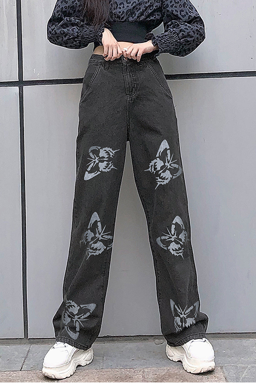 KittenAlarm - High Waist Wide Leg Butterfly Pattern Jeans Pants