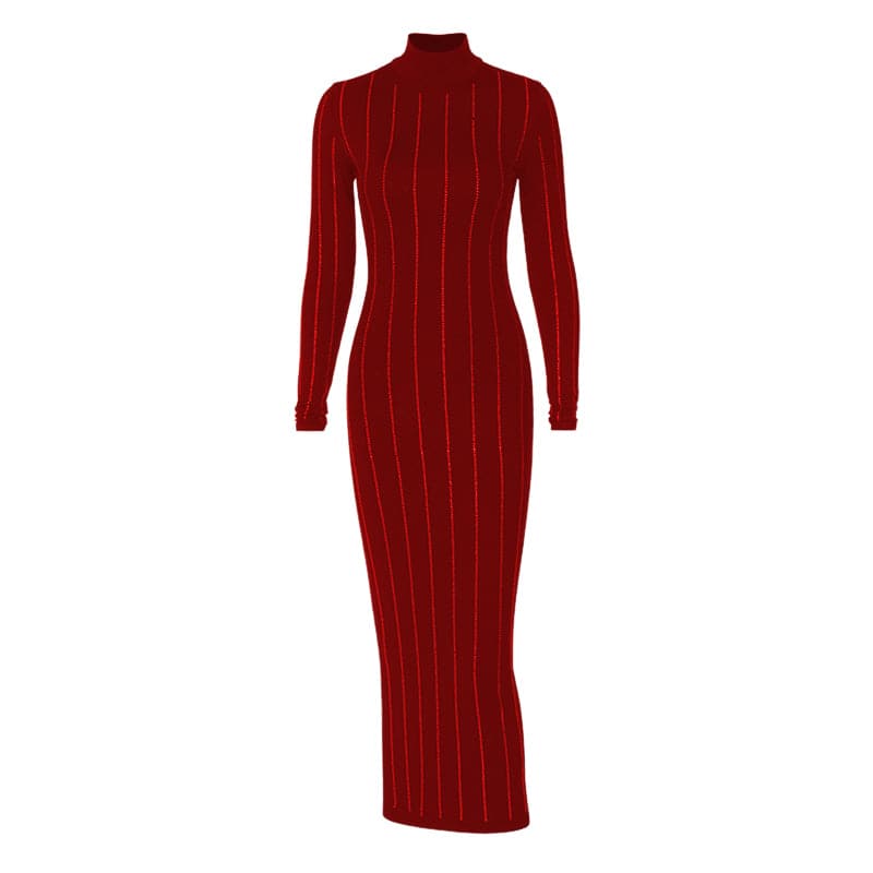 Long sleeve high neck beaded solid midi dress - View 2