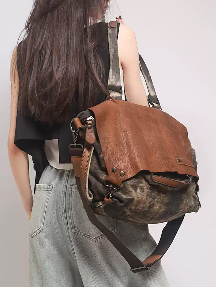 Vintage Genuine Leather Spliced Shoulder Bag