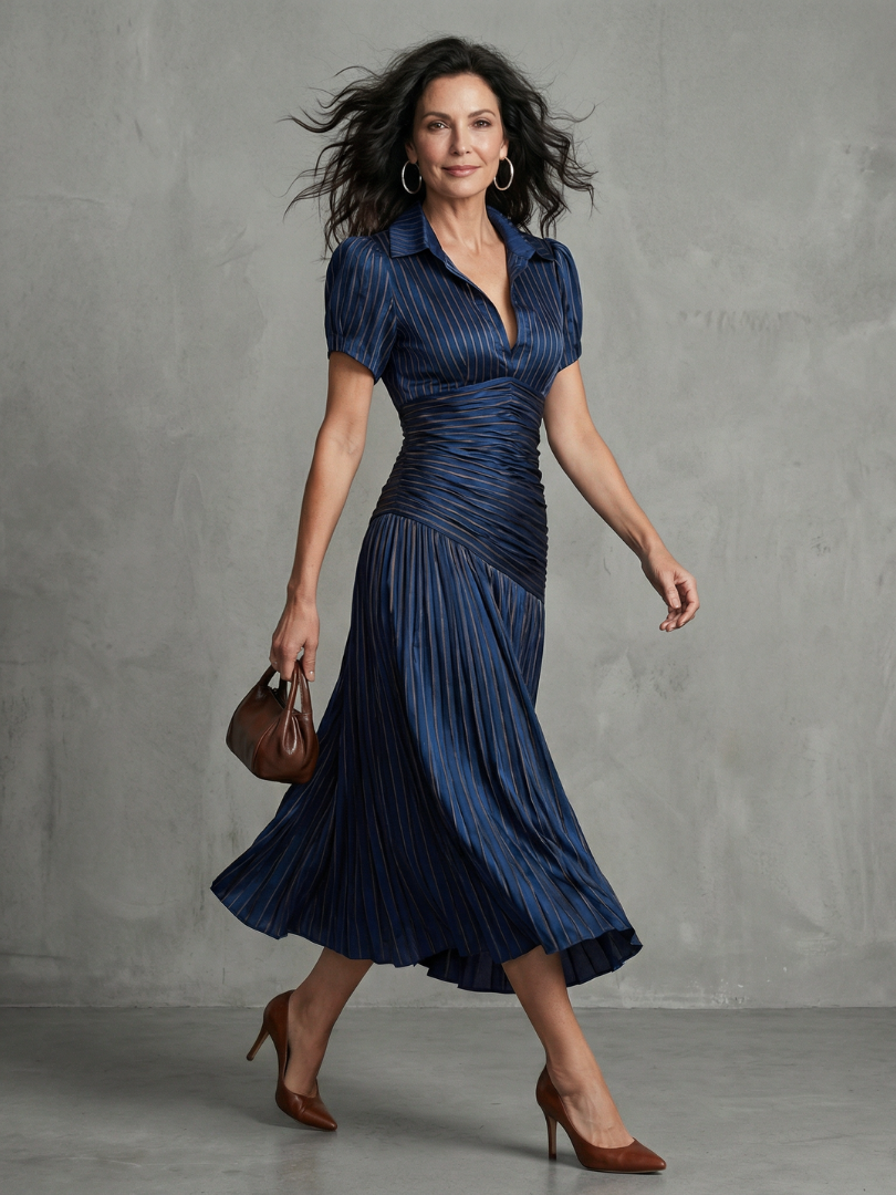 Striped Collared Puff Sleeve Pleated Midi Dress 2