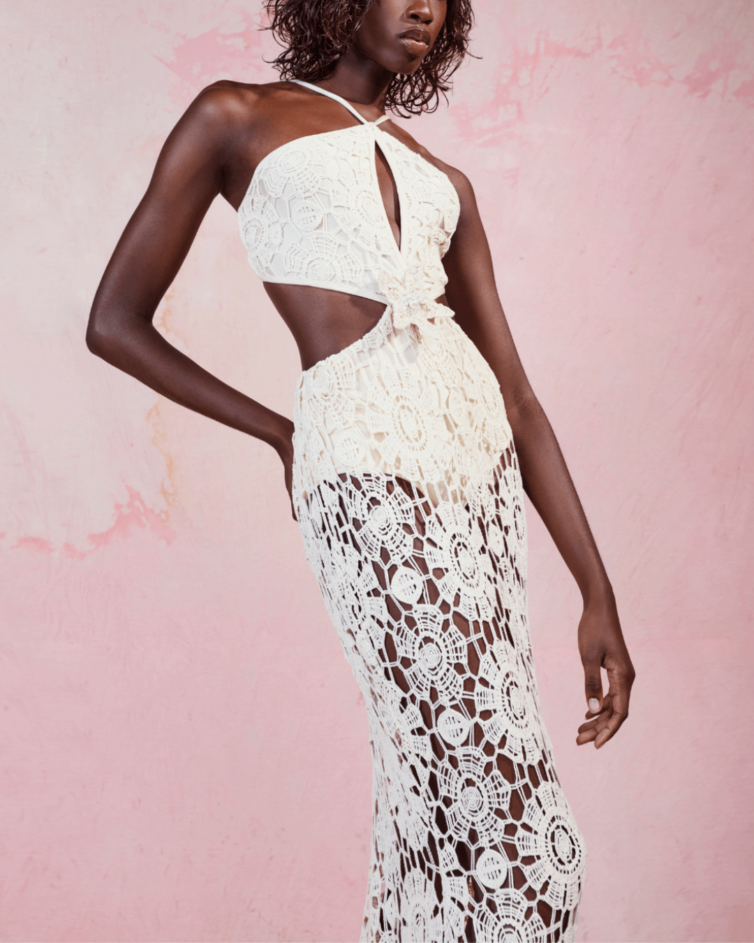 Embroidered Crochet Halterneck Dress - Fashionpara
