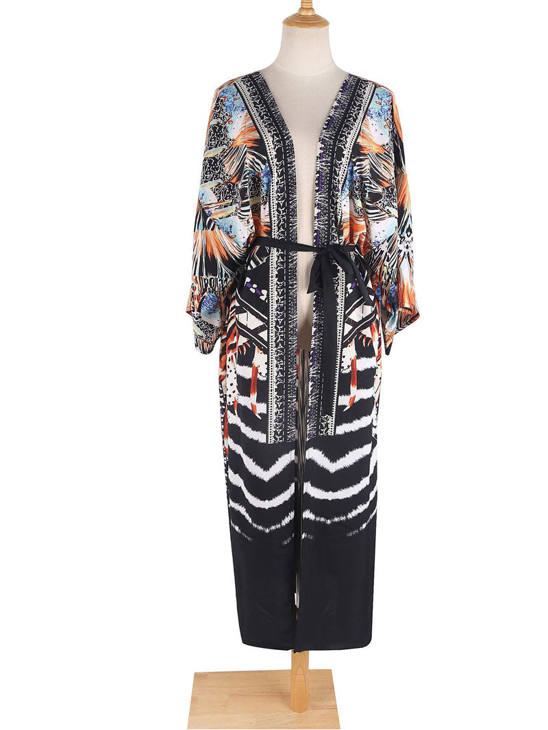 Printed Black Color Polyester Long Length Gown Kimono Duster Robe 6