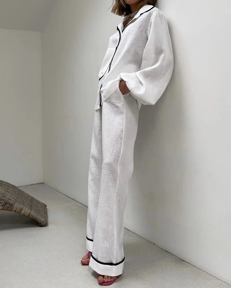 Fashion Contrast Cotton Linen Two-Piece Shirt & Pants Set - Fashionpara