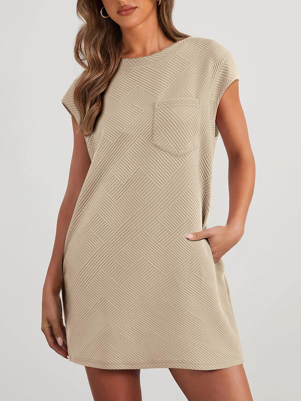 Cap Sleeve Crew Neck Casual Loose Basic Mini Dress - Fashionpara