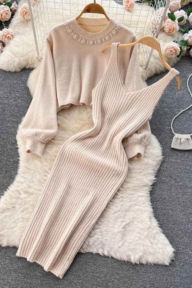 Elegant Pearl Knitted Sweater and Strap Dress Two Piece Set