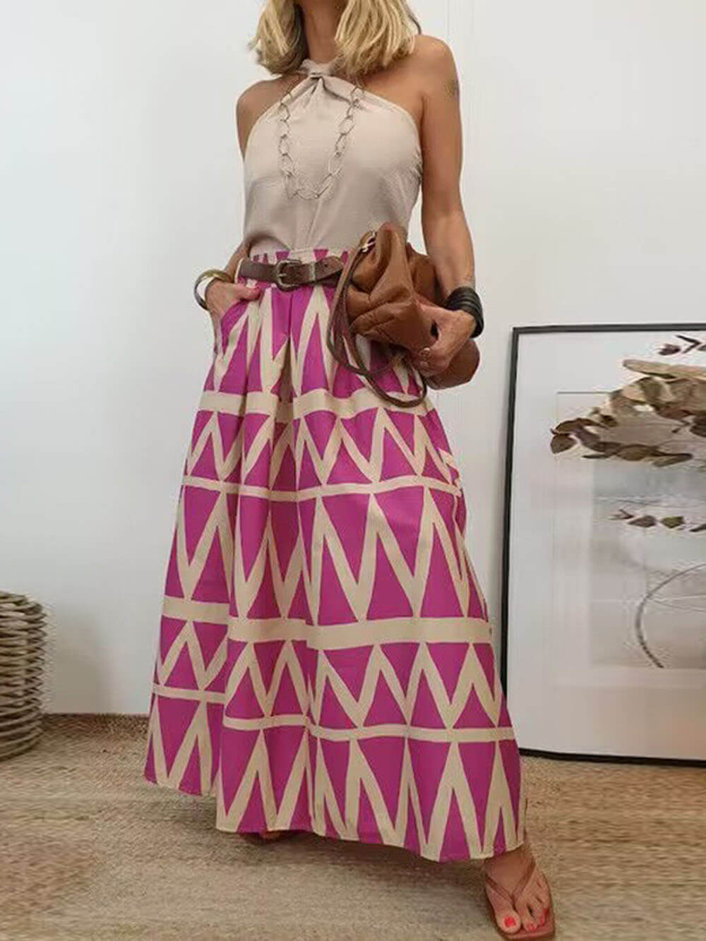 Triangle Printed Back Waist Elasticated Pocket Maxi Skirt - Fashionpara