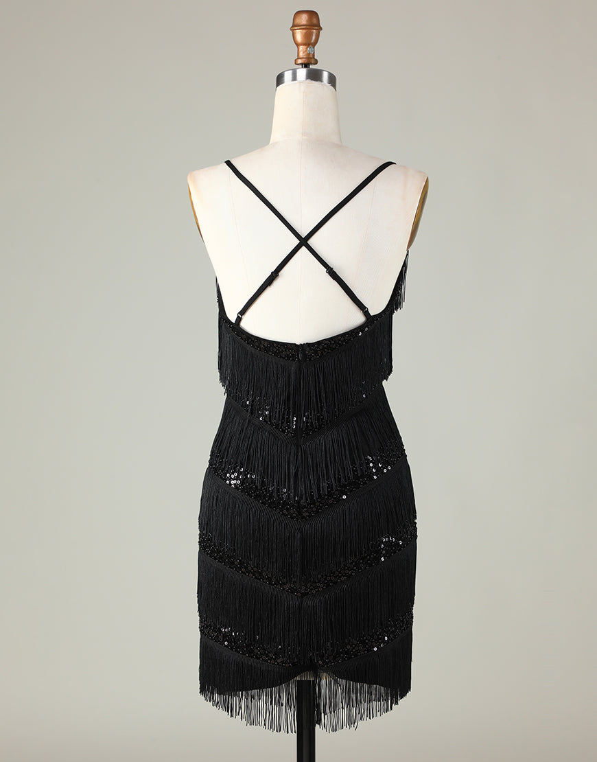 Gorgeous Black V-Neck Tight Tassel Homecoming Dress - Fashionpara