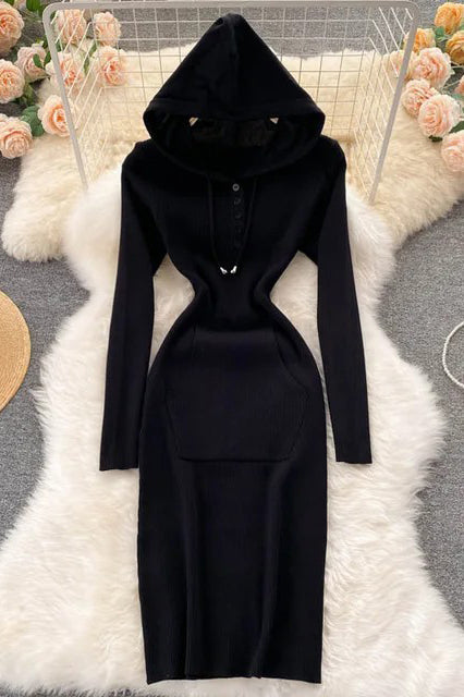 Orro Shop Hooded Buttoned Bodycon Knitted Sweater Dress