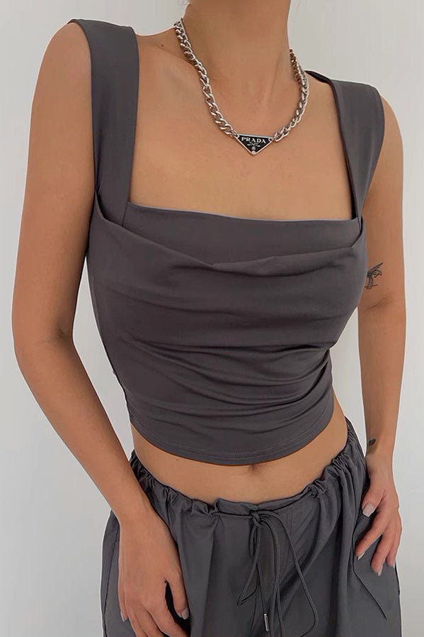 Sleeveless Pleated Suspender Square Collar Vest Tank Top