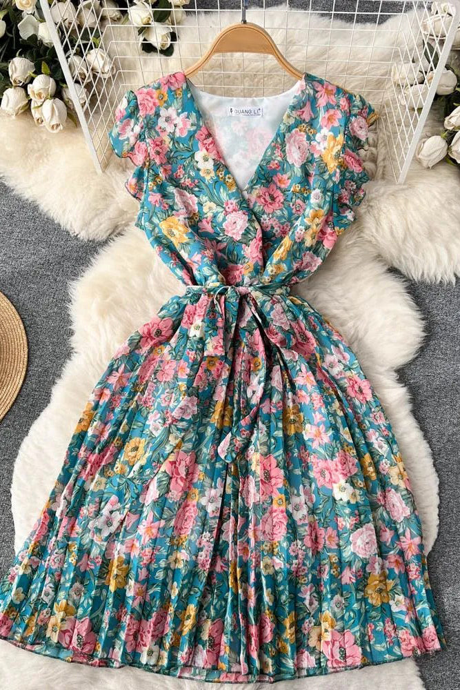 Romantic Chiffon Party Dress Elegant Bandage Floral Print Dress