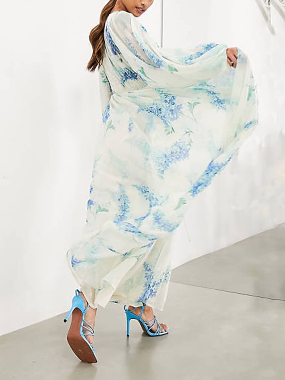 Ocean Flower Chiffon Floral Drawstring Waist Maxi Dress - Fashionpara
