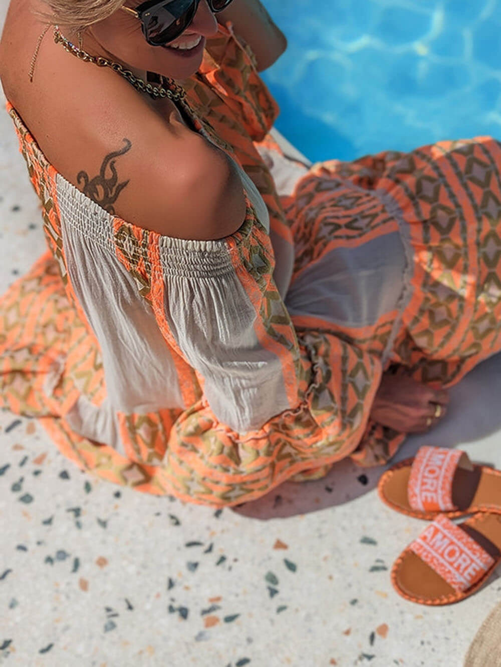 Linen Blend Ethnic Print Off Shoulder Loose Mini Dress - Fashionpara