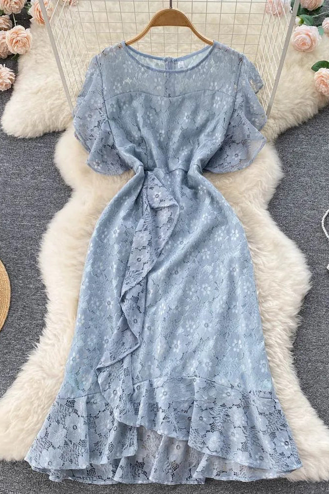 Romantic Lace Embroidery Party Dress Elegant High Waist Ruffles Bodycon Dress