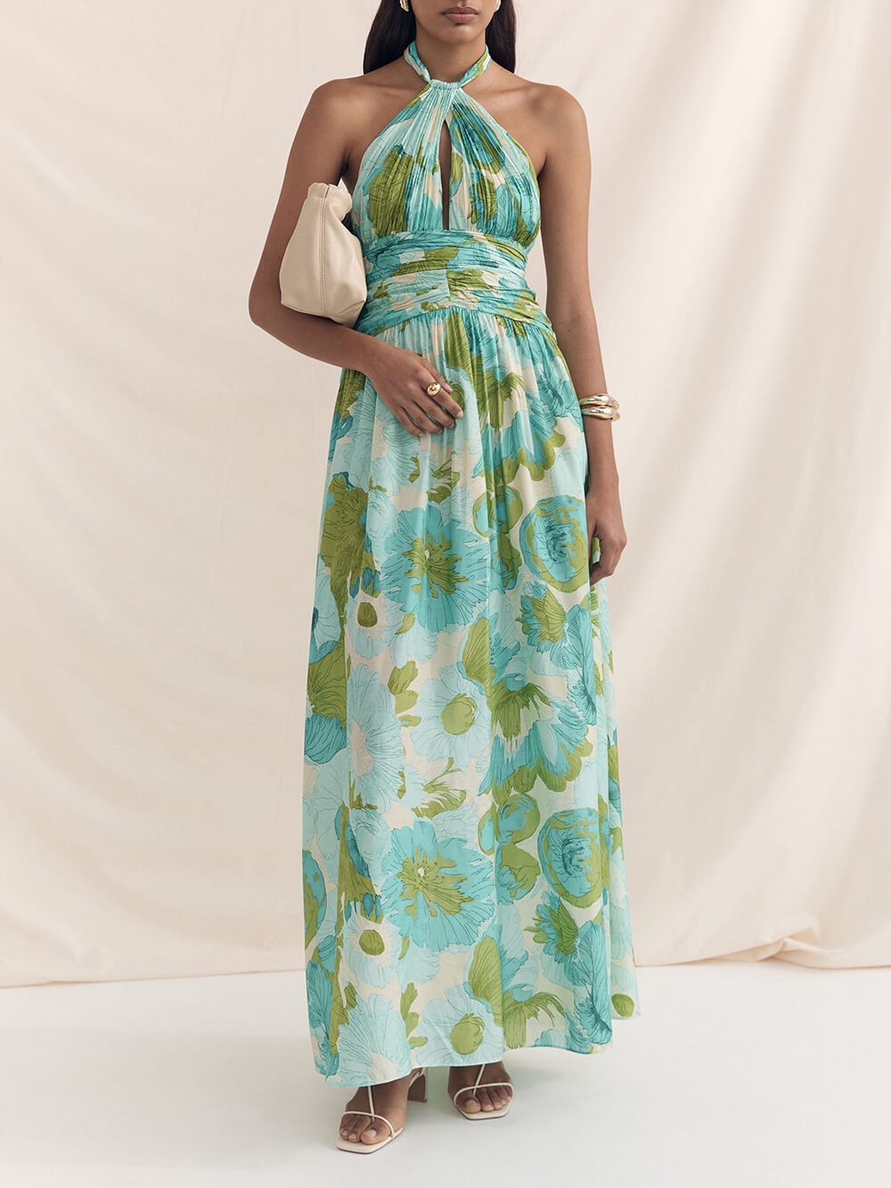 Elegant Versatile Halter Neck Printed Pleated Maxi Dress - Fashionpara