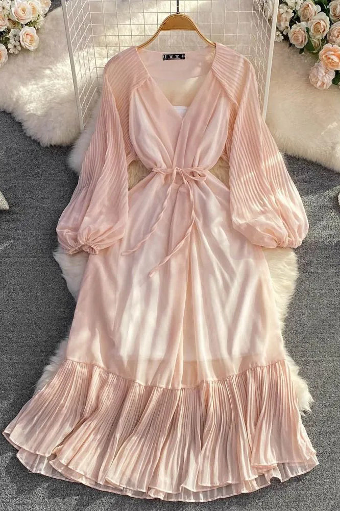 Elegant Lace-up Ruffled Long Dress Lantern Sleeve Party Vestidos Dress