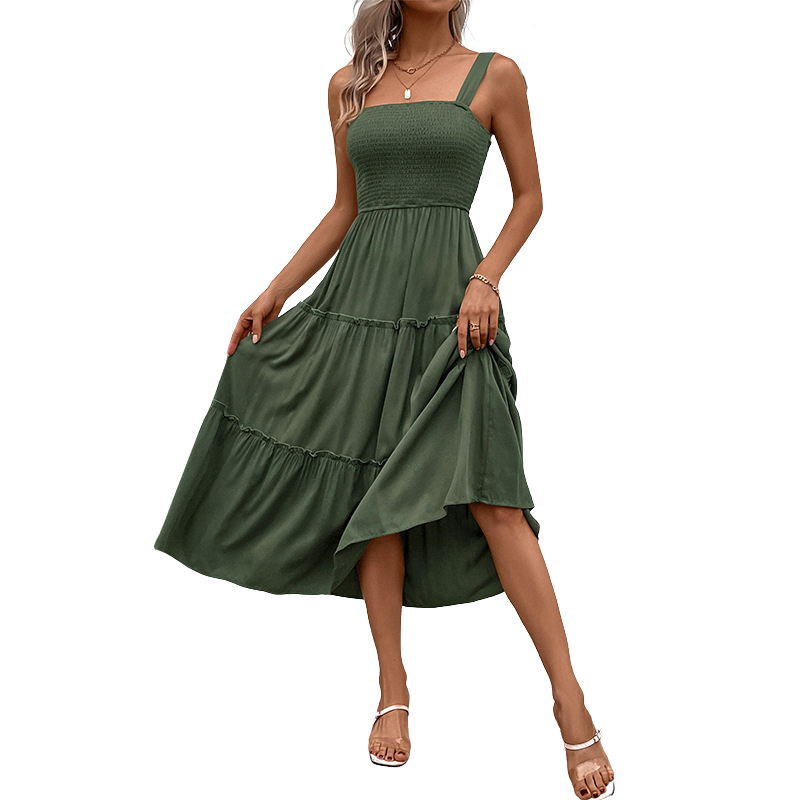 Square Neck Smocked Sleeveless Tiered Midi Dress