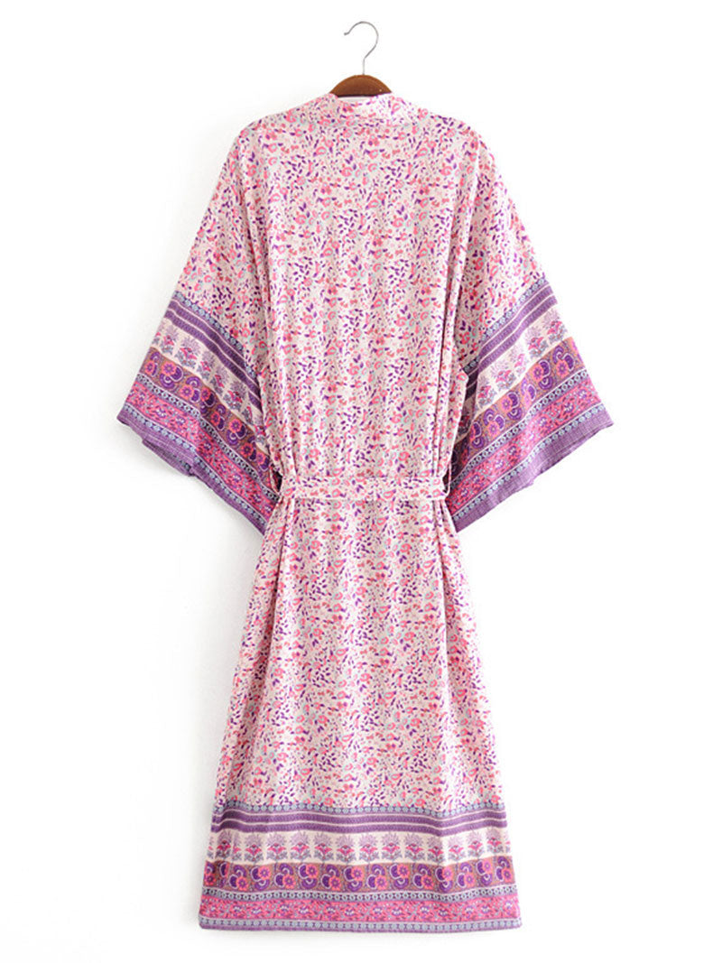 Beachwear Floral Print Pink & Blue Color Cotton Long Length Gown Kimono Duster Robe 7