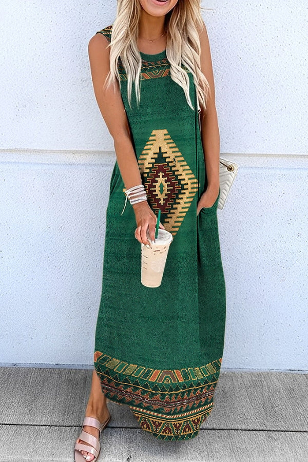 Merced Ethnic Geometric Hippie Print Pocketed Knit Maxi Dress - Fashionpara