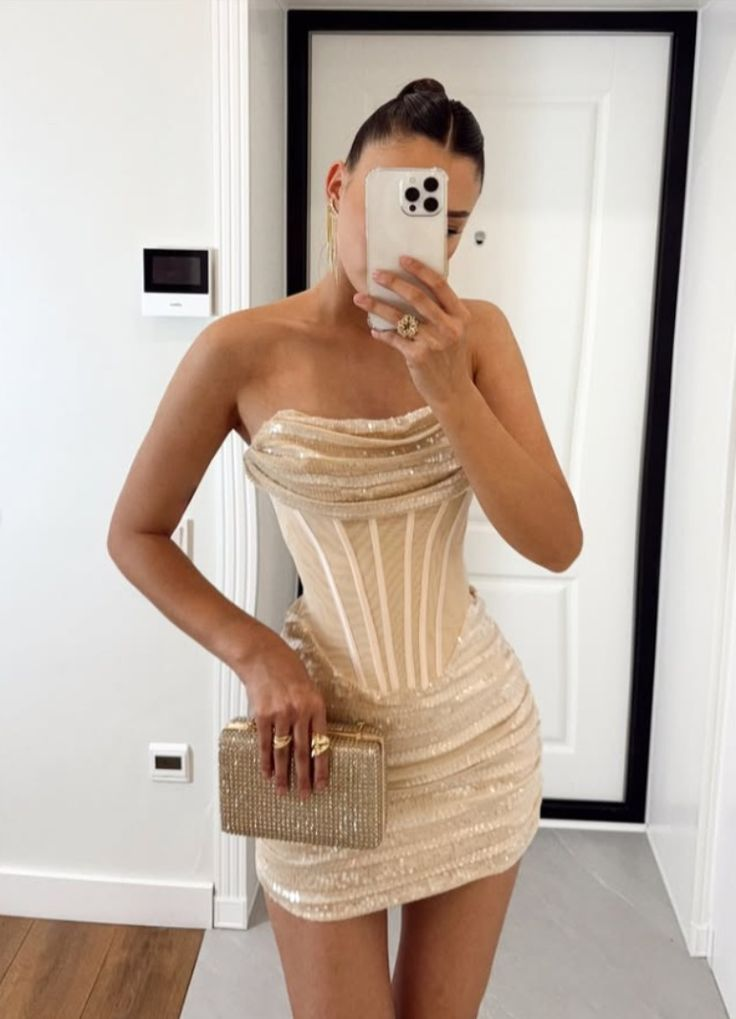 Light Champagne Sheath Strapless Corset Tulle Sequin Short Homecoming Dress Cocktail Dress - Fashionpara