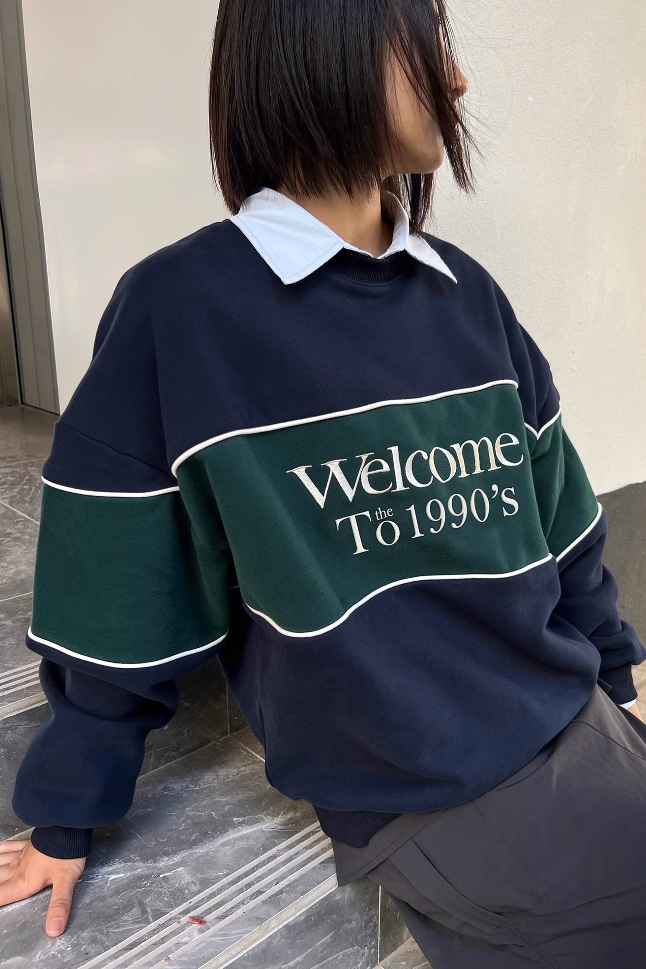 Contrast Letter Print Drop Sleeve Sweatshirt