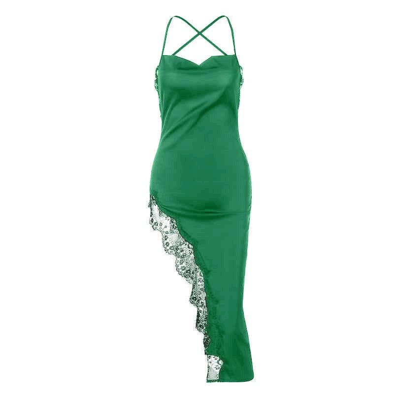 Spaghetti Strap Lace Trim Satin Slip High Split Midi Dress - View 9