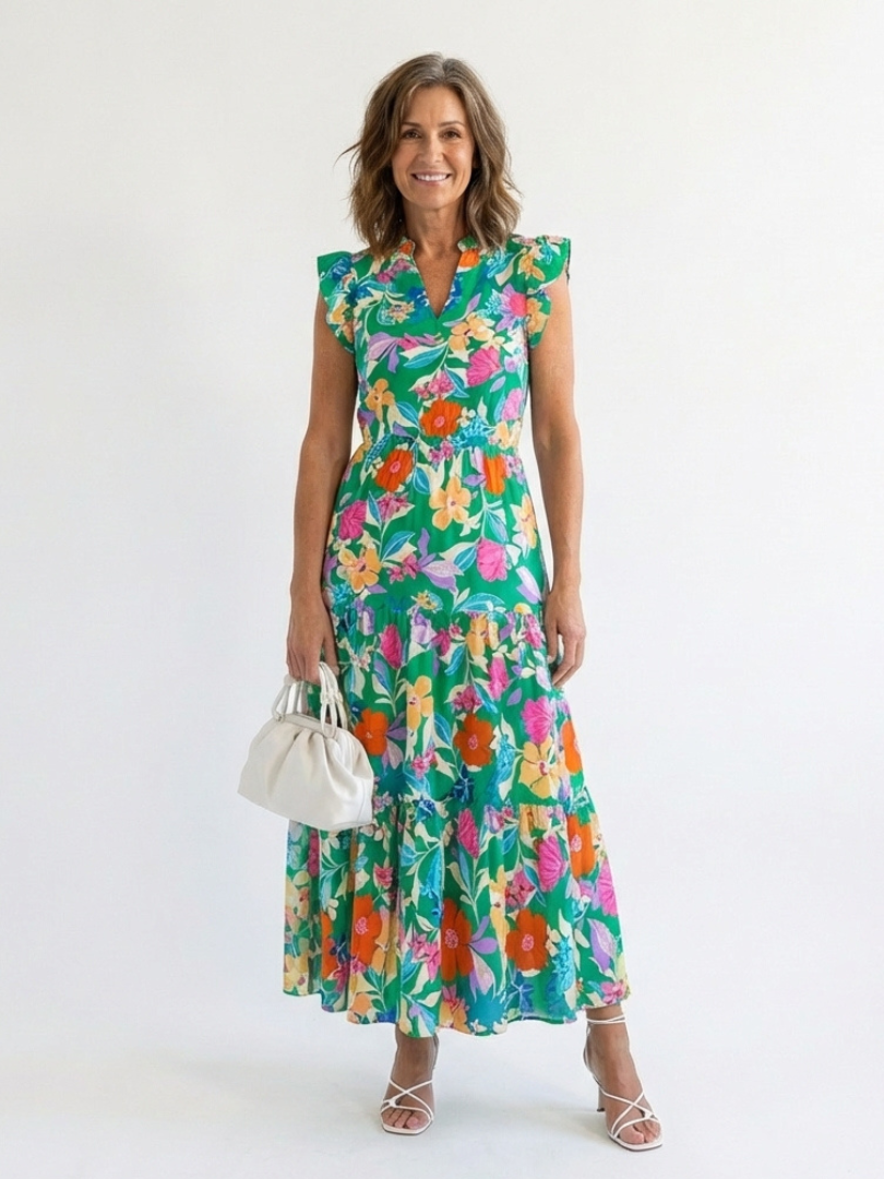Floral Ruffle Sleeve Split Neck Tiered Maxi Dress