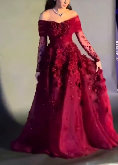 Pretty Off The Shoulder Ball Gown Red Organza Appliques Long Party Dress Birthday Outfits D1298